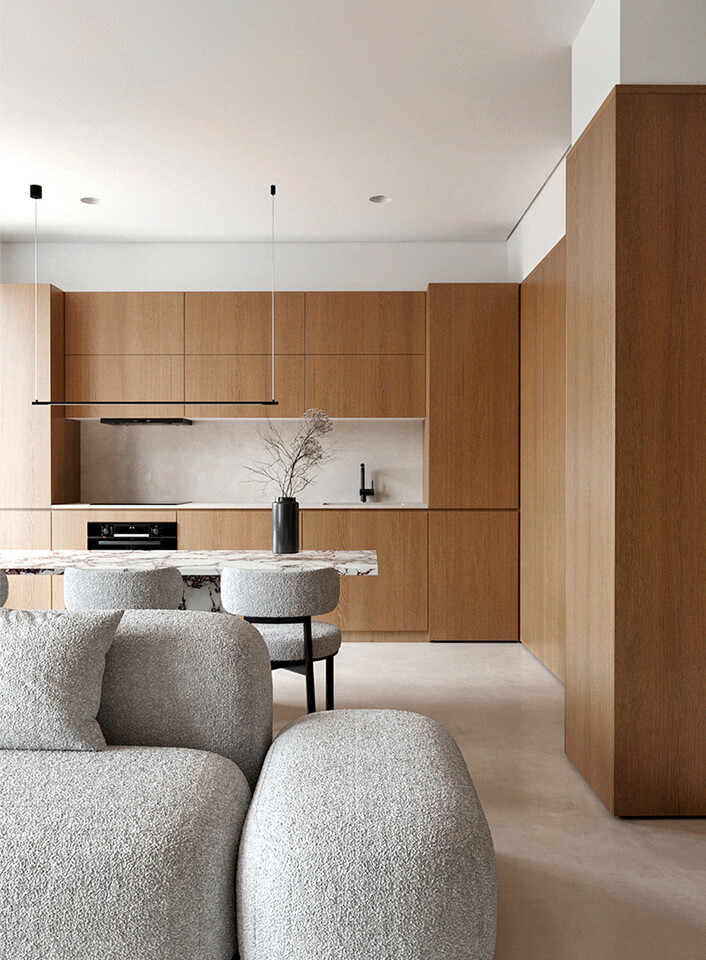 Современная кухня в стиле минимализм совмещенная с гостиной